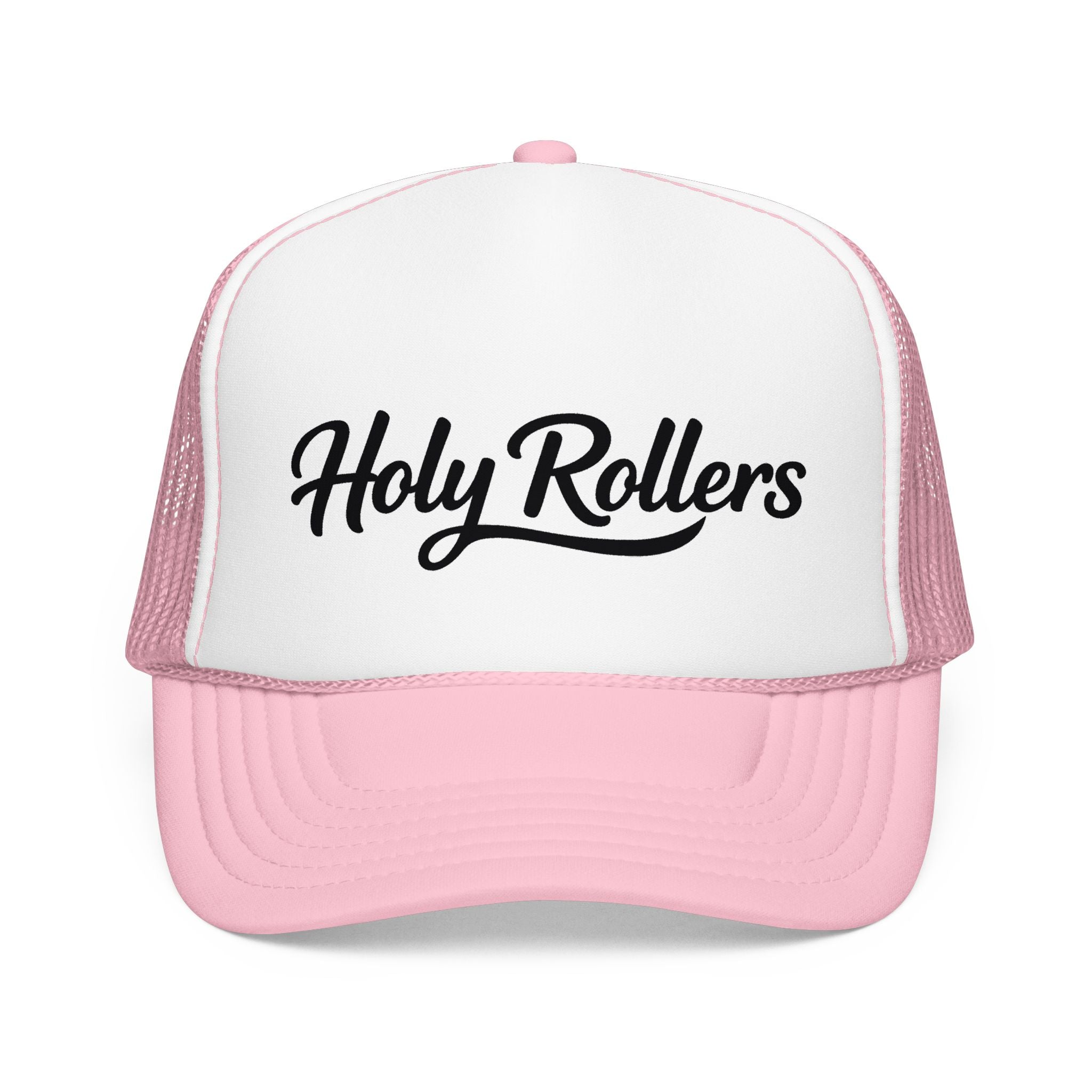 Holy Rollers Christian apparel: Holy Rollers Foam Trucker Hat | Script Logo, Black & White Mesh