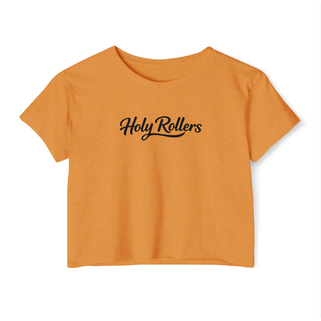 Holy Rollers Christian apparel thumbnail: Women's Crop Top — "Holy Rollers" Front & "Not Perfect Just Forgiven" Back Christian Festival Tee