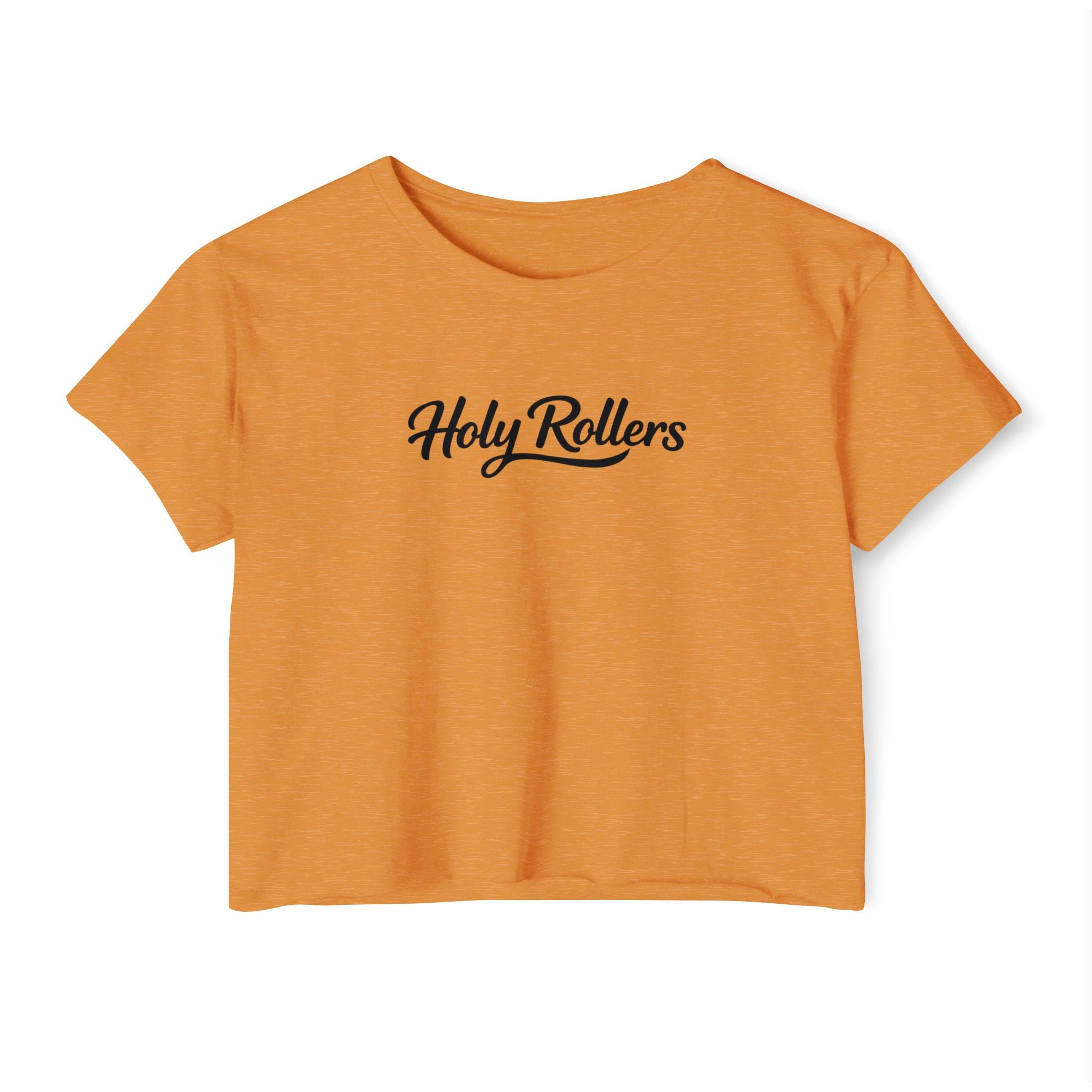 Holy Rollers Christian apparel: Women's Crop Top — "Holy Rollers" Front & "Not Perfect Just Forgiven" Back Christian Festival Tee
