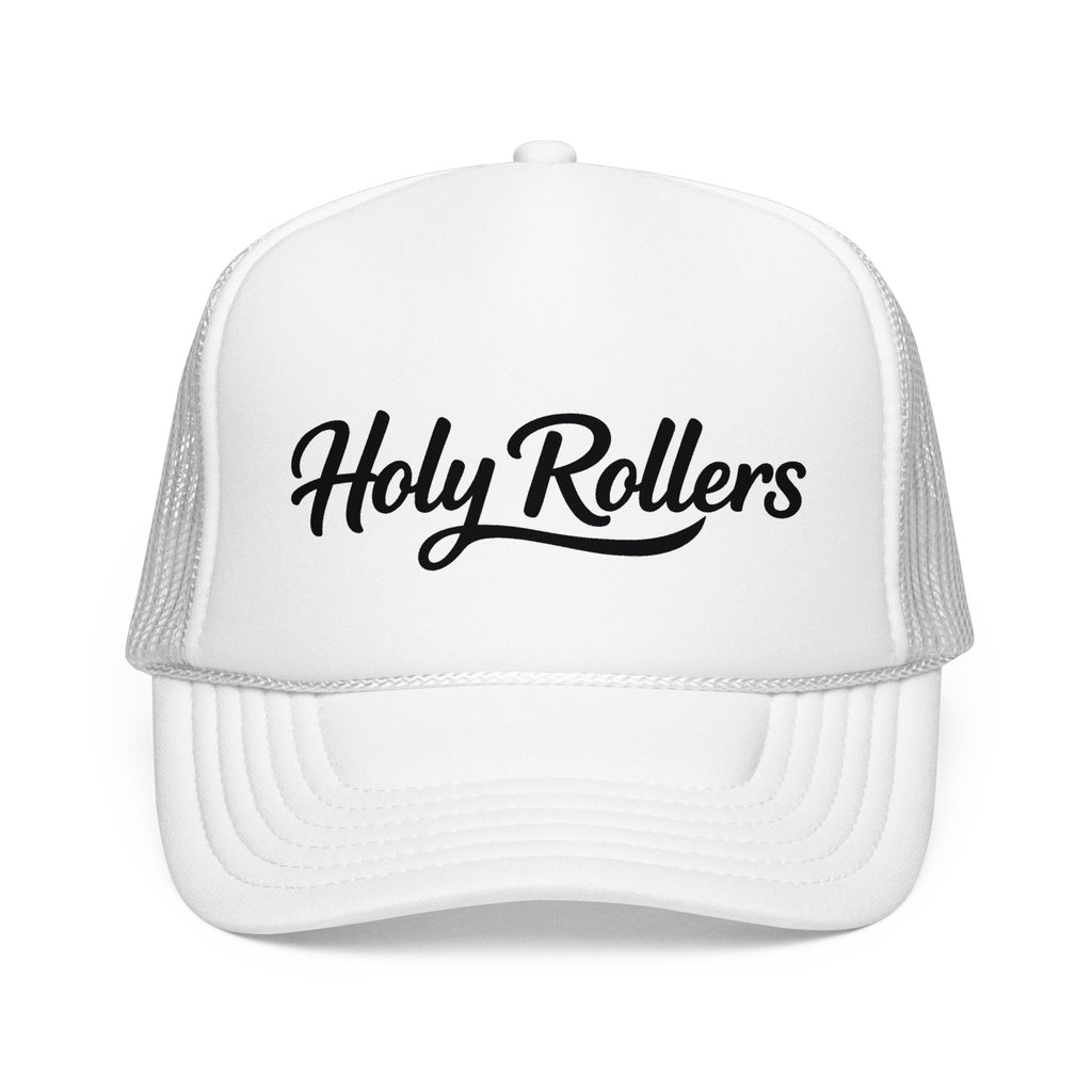 Holy Rollers Christian apparel thumbnail: Holy Rollers Foam Trucker Hat | Script Logo, Black & White Mesh