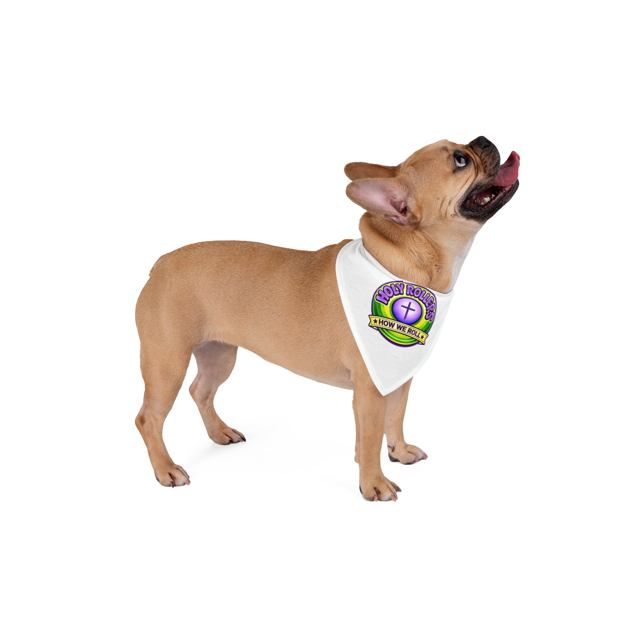 Holy Rollers Christian apparel: Pet Bandana — "Holy Rollers: How We Roll" Purple & Green Logo Dog Bandana