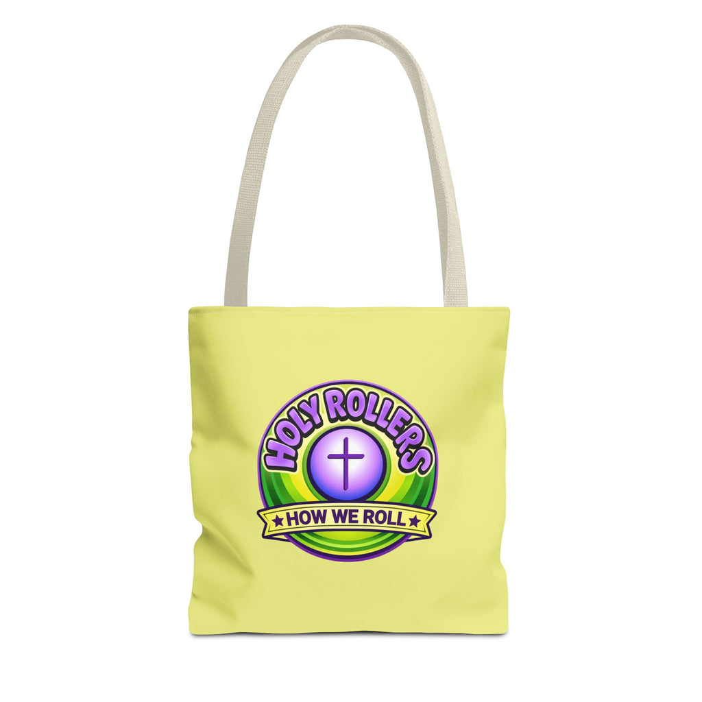 Holy Rollers Christian apparel thumbnail: Christian Tote Bag — "Saved By Grace" / "Holy Rollers" Inspirational All-Over Print