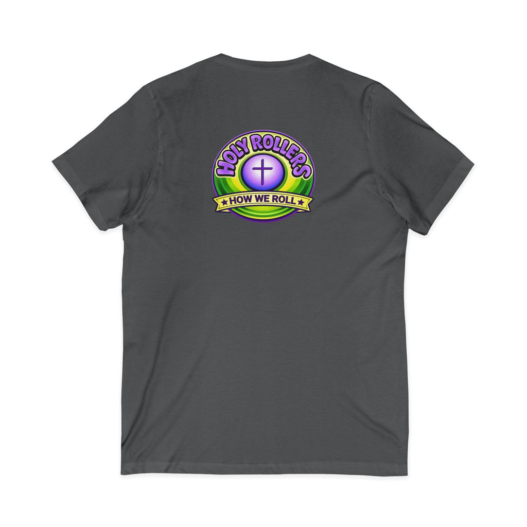 Holy Rollers Christian apparel thumbnail: Holy Rollers word-logo t-shirt | Holy Rollers How We Roll V-neck