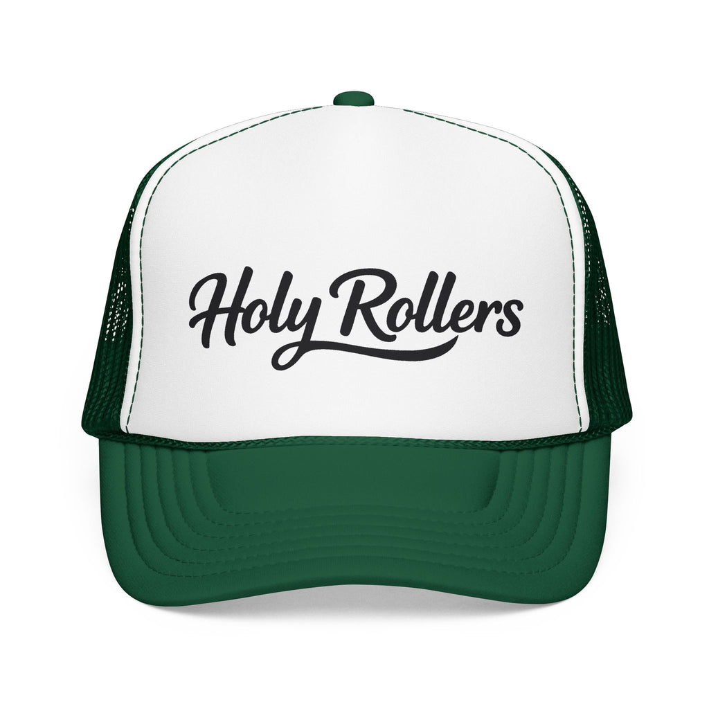 Holy Rollers Christian apparel thumbnail: Holy Rollers Foam Trucker Hat | Script Logo, Colored Visor & Mesh on White