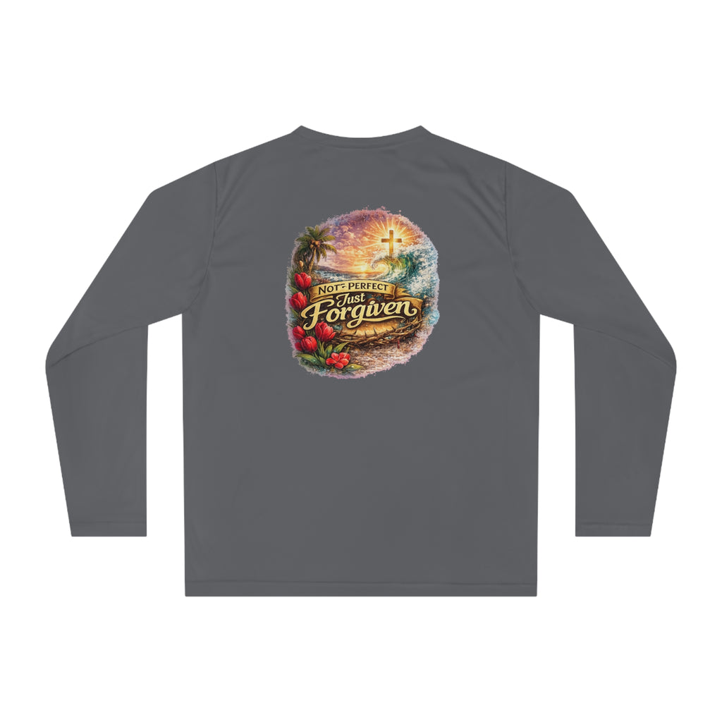 Holy Rollers Christian apparel thumbnail: Holy Rollers Performance Long Sleeve — "Not Perfect Just Forgiven" Beach Christian Shirt