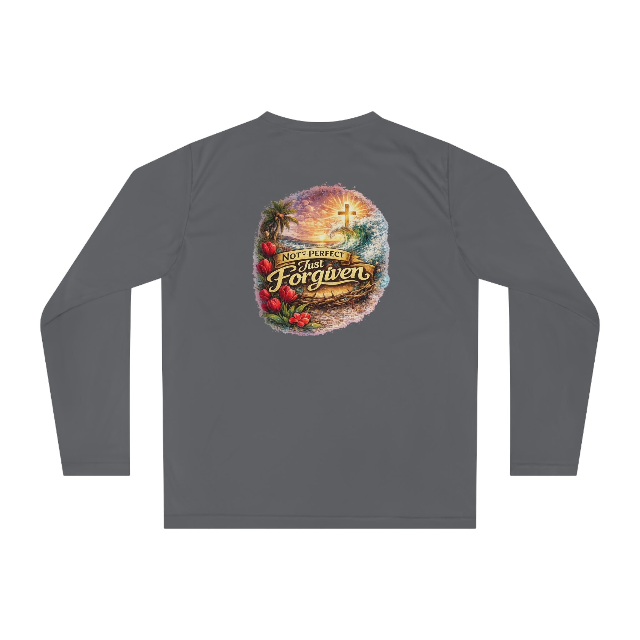 Holy Rollers Christian apparel: Holy Rollers Performance Long Sleeve — "Not Perfect Just Forgiven" Beach Christian Shirt