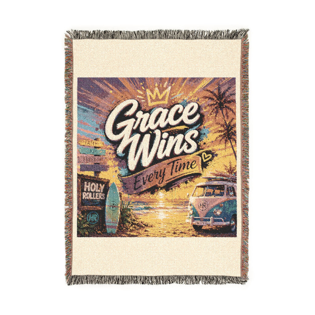 Holy Rollers Christian apparel thumbnail: Woven Blanket - Grace Wins Vintage Coastal Throw (Retro Palm Sunset Design)