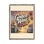 Woven Blanket - Grace Wins Vintage Coastal Throw (Retro Palm Sunset Design)