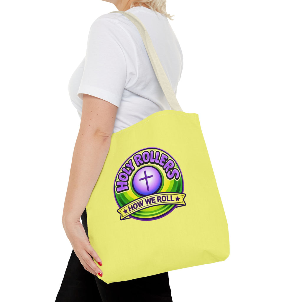 Holy Rollers Christian apparel thumbnail: Christian Tote Bag — "Saved By Grace" / "Holy Rollers" Inspirational All-Over Print