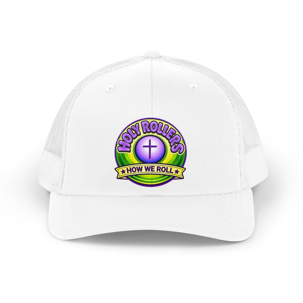 Holy Rollers Christian apparel thumbnail: Holy Rollers cross logo Trucker Hat | How We Roll emblem