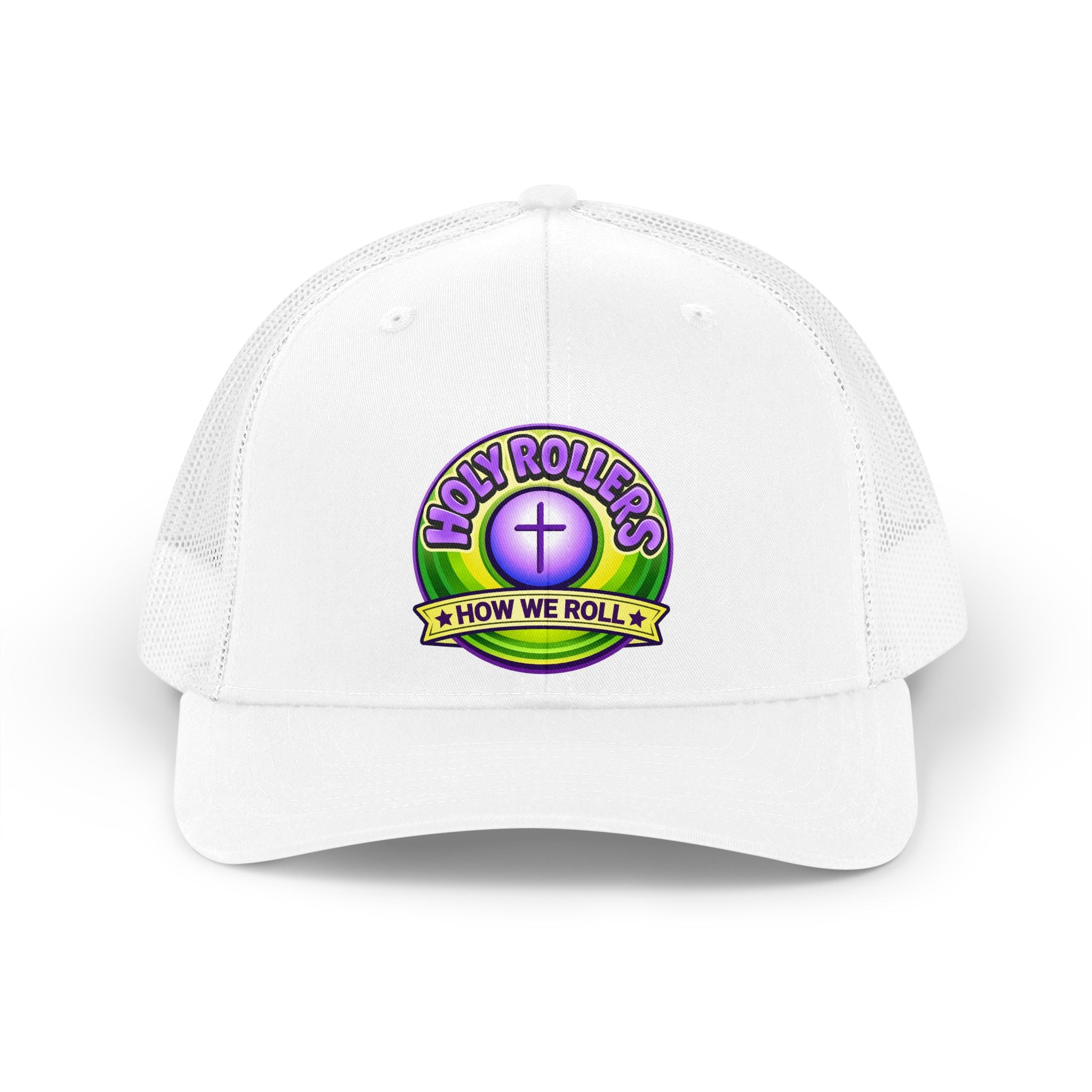 Holy Rollers Christian apparel: Holy Rollers cross logo Trucker Hat | How We Roll emblem