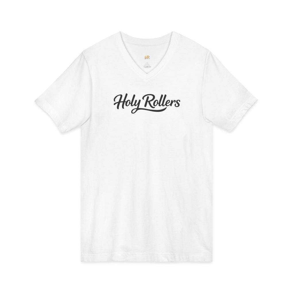 Holy Rollers Christian apparel thumbnail: Holy Rollers word-logo t-shirt | Holy Rollers How We Roll V-neck