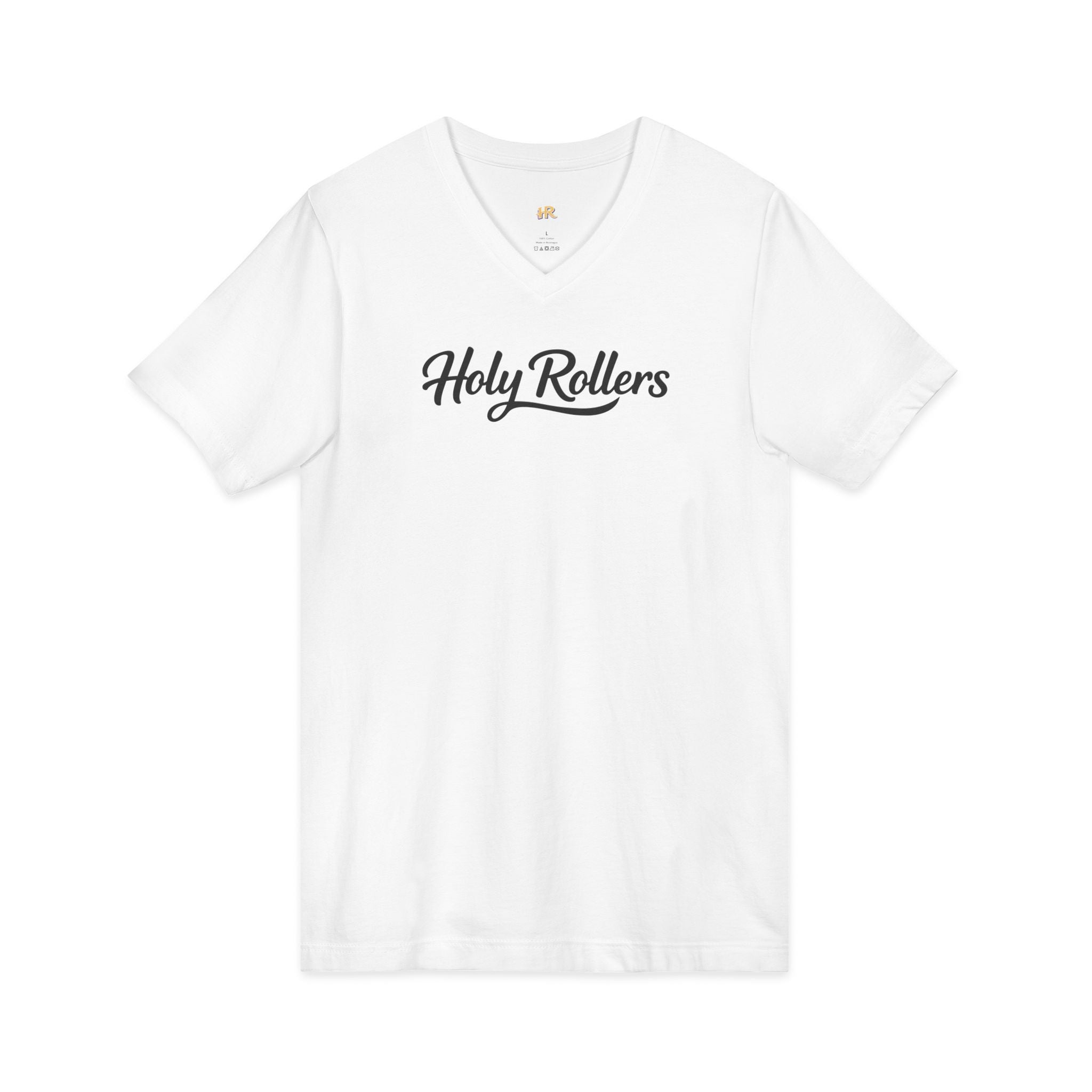 Holy Rollers Christian apparel: Holy Rollers word-logo t-shirt | Holy Rollers How We Roll V-neck