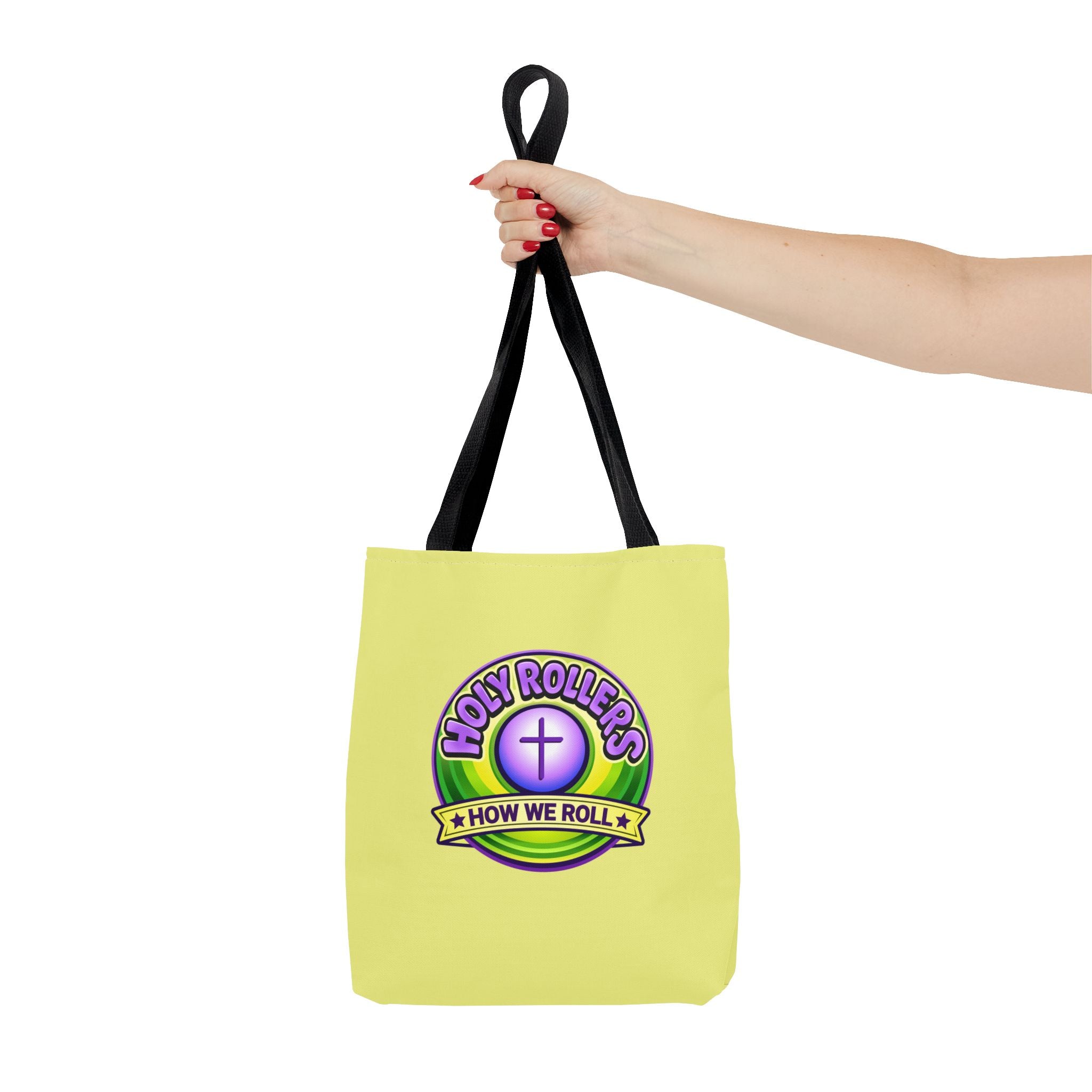 Holy Rollers Christian apparel: Christian Tote Bag — "Saved By Grace" / "Holy Rollers" Inspirational All-Over Print