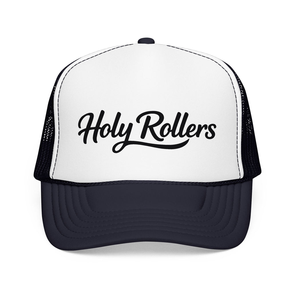 Holy Rollers Christian apparel thumbnail: Holy Rollers Foam Trucker Hat | Script Logo, Black & White Mesh