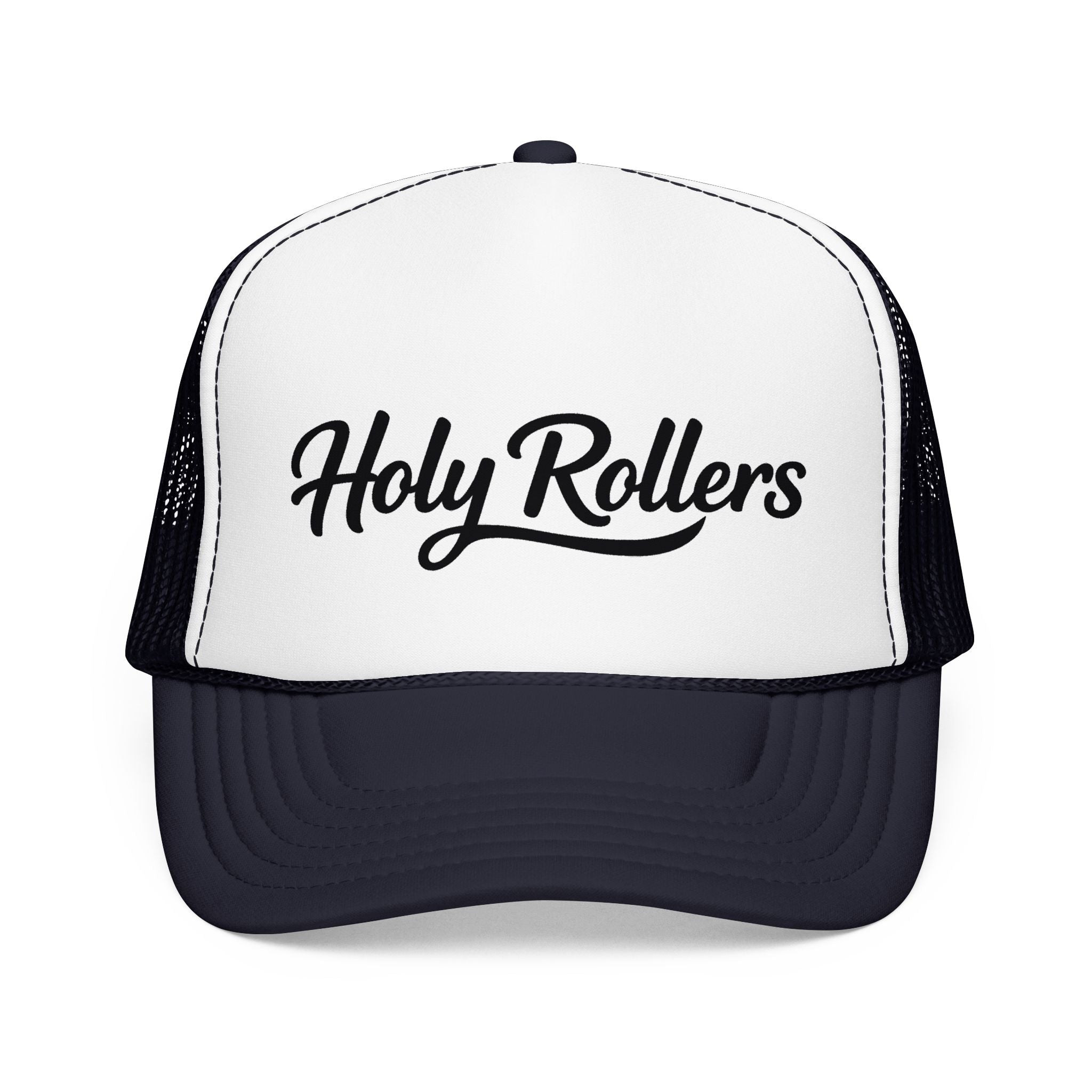 Holy Rollers Christian apparel: Holy Rollers Foam Trucker Hat | Script Logo, Black & White Mesh