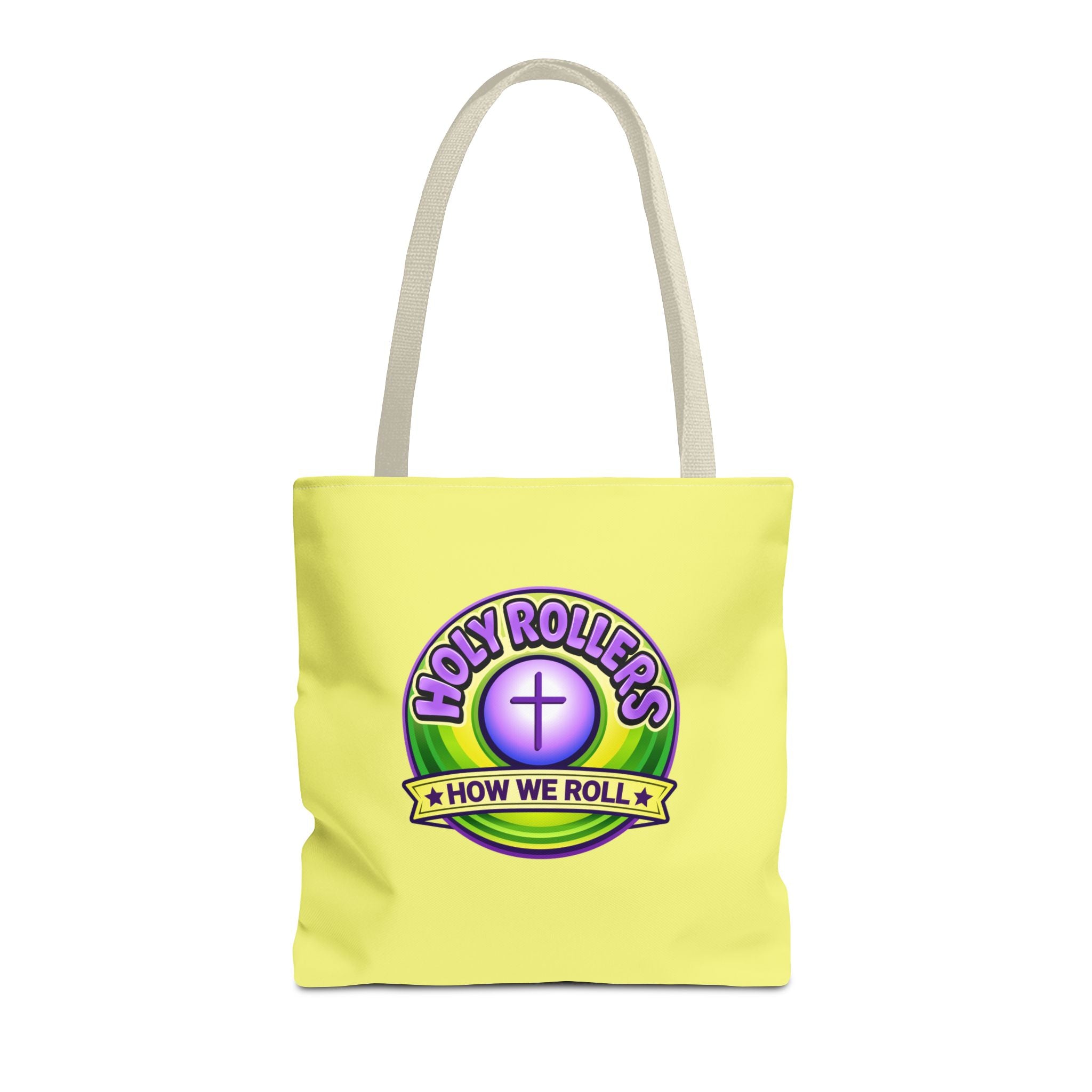 Holy Rollers Christian apparel: Christian Tote Bag — "Saved By Grace" / "Holy Rollers" Inspirational All-Over Print