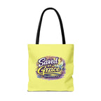 Christian Tote Bag — "Saved By Grace" / "Holy Rollers" Inspirational All-Over Print