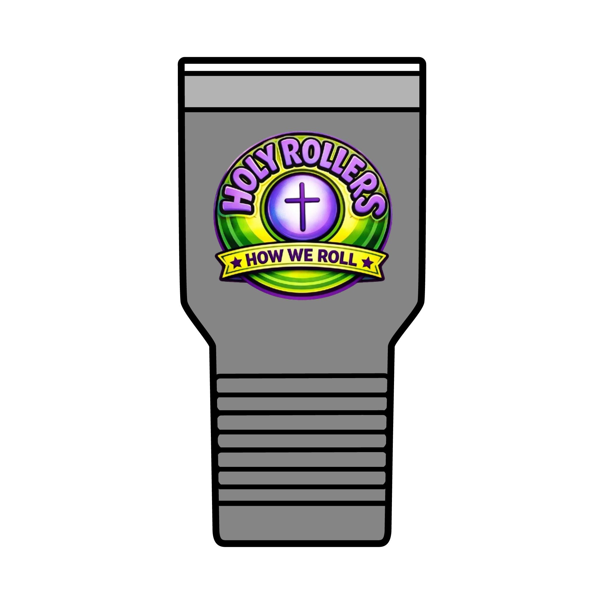 Holy Rollers Christian apparel: Holy Rollers cross logo Insulated Tumbler | Rolling in His Promises wave design Tumbler