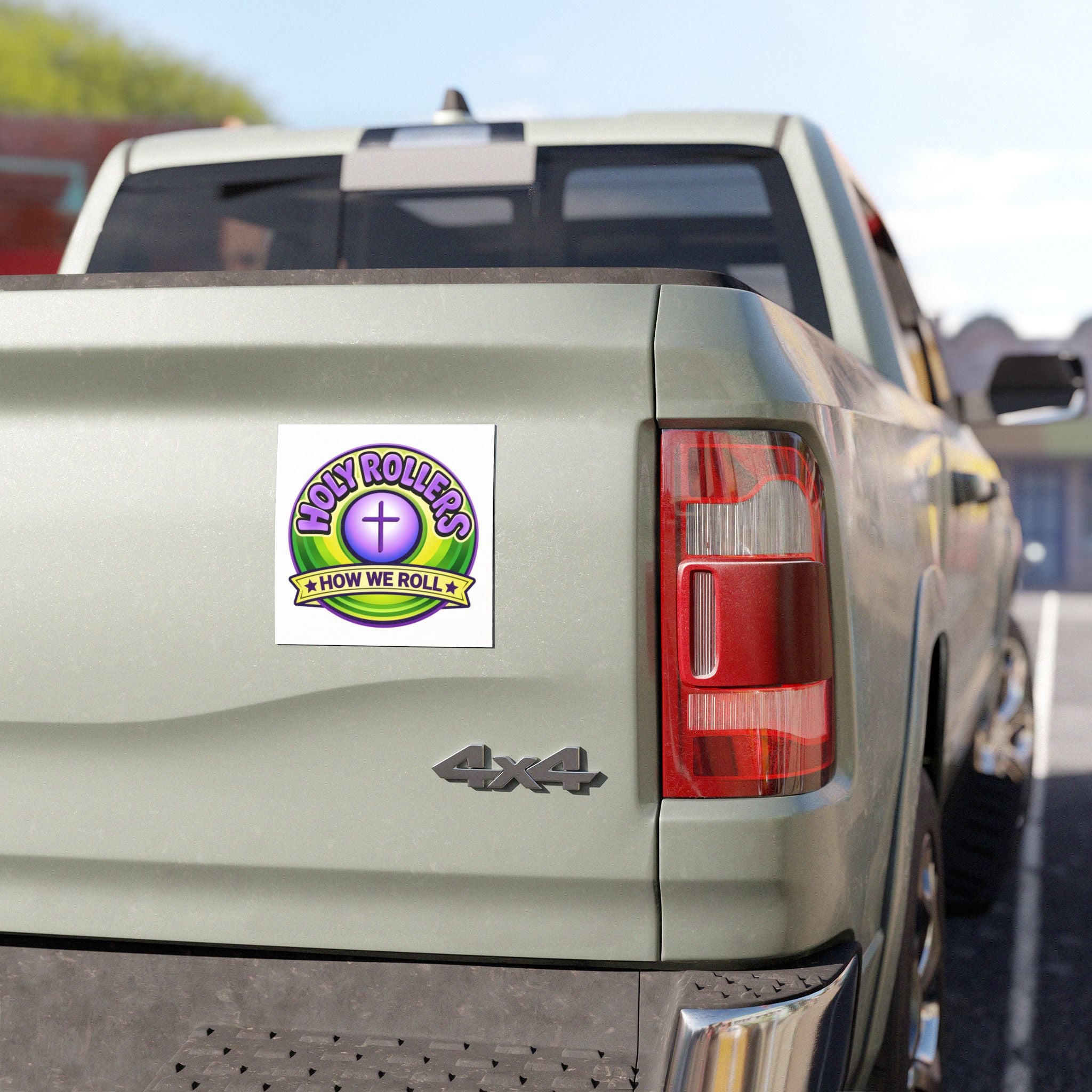Holy Rollers Christian apparel: Car Magnet — “Holy Rollers: How We Roll” Christian Cross Vinyl Sticker