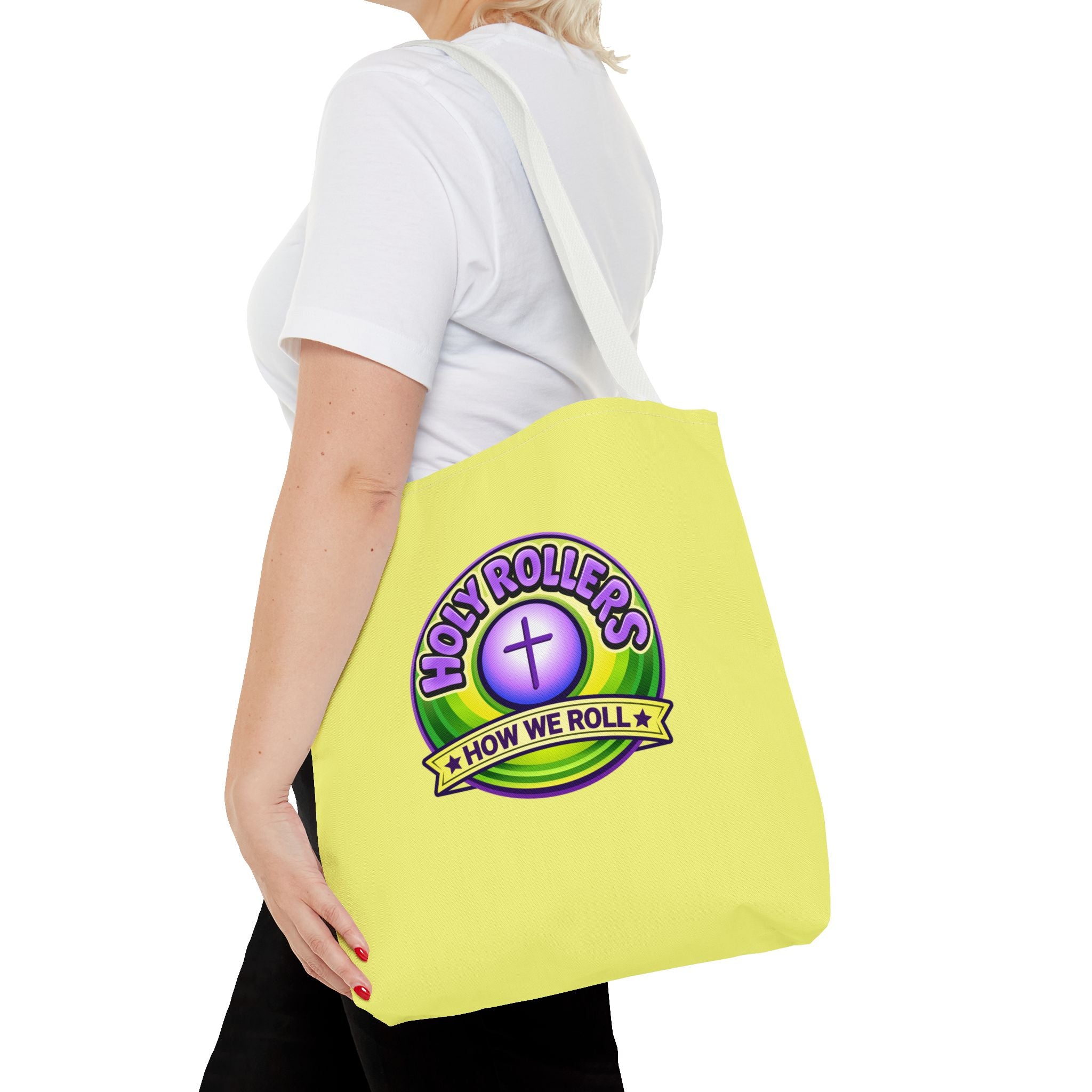 Holy Rollers Christian apparel: Christian Tote Bag — "Saved By Grace" / "Holy Rollers" Inspirational All-Over Print