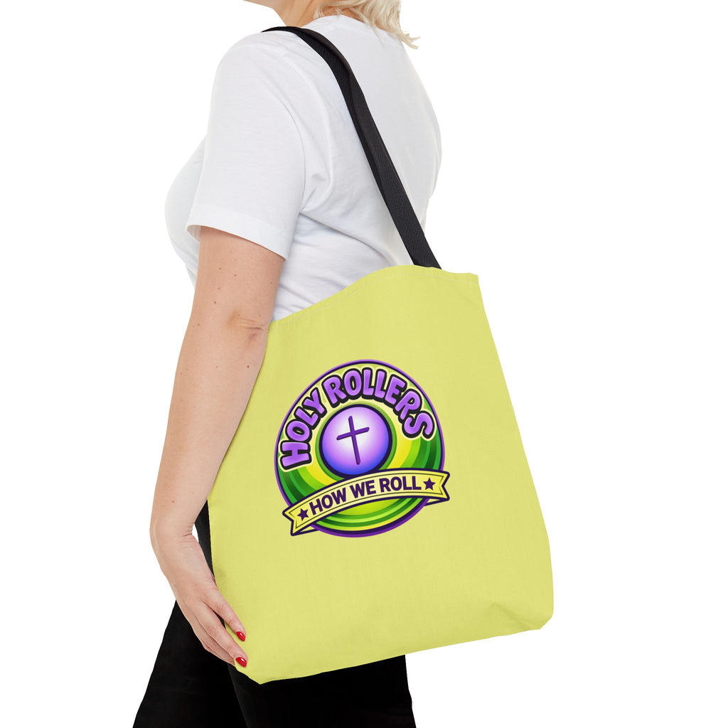 Holy Rollers Christian apparel thumbnail: Christian Tote Bag — "Saved By Grace" / "Holy Rollers" Inspirational All-Over Print