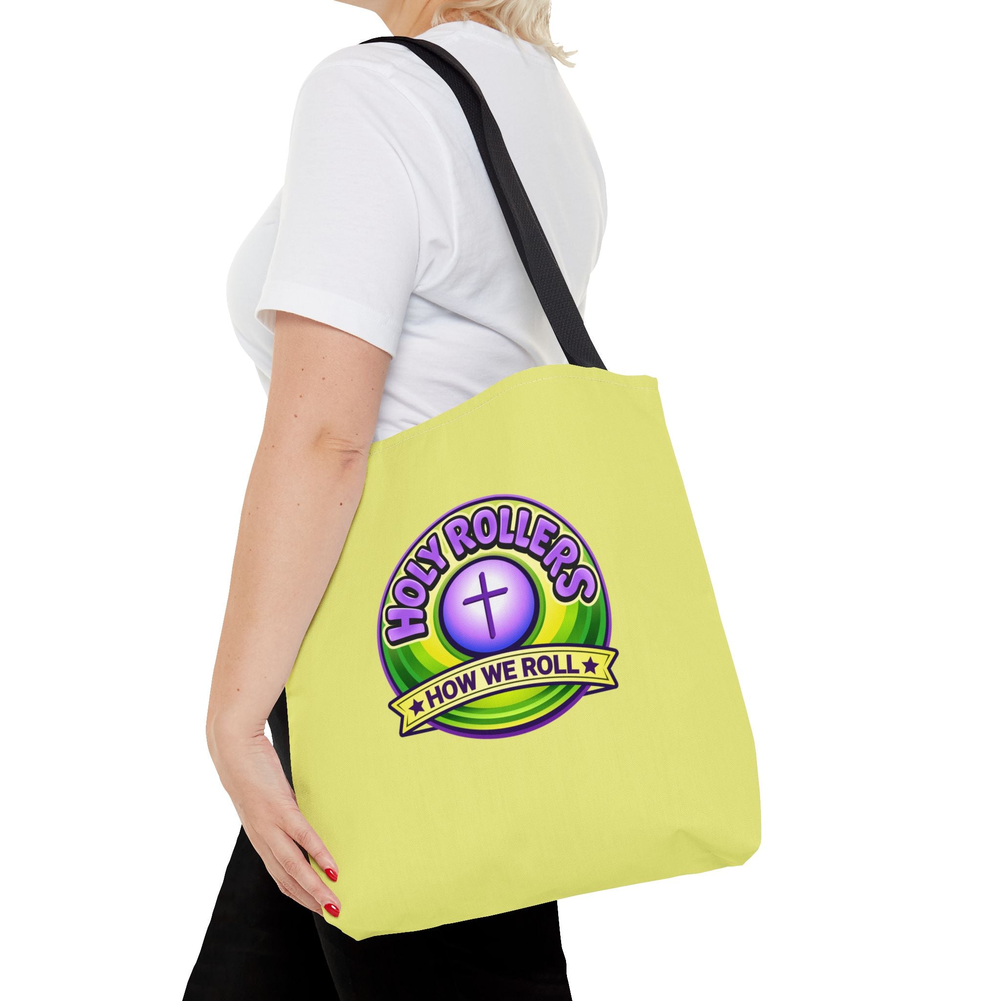 Holy Rollers Christian apparel: Christian Tote Bag — "Saved By Grace" / "Holy Rollers" Inspirational All-Over Print