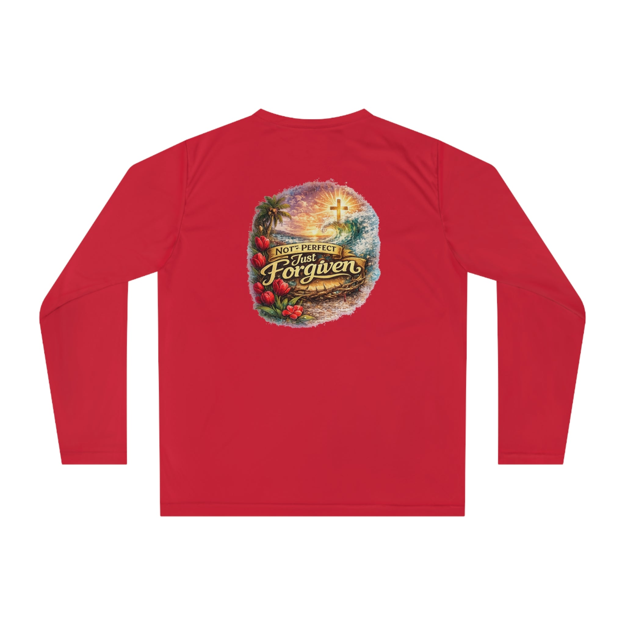Holy Rollers Christian apparel: Holy Rollers Performance Long Sleeve — "Not Perfect Just Forgiven" Beach Christian Shirt