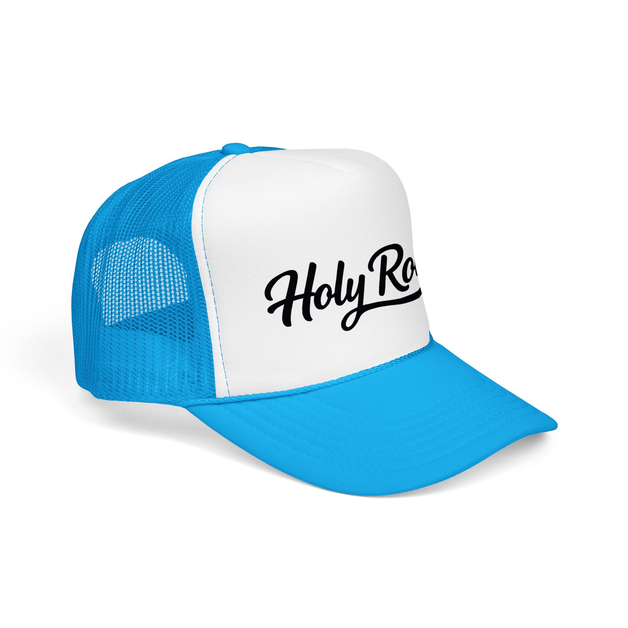Holy Rollers Christian apparel: Holy Rollers Foam Trucker Hat | Script Logo, Black & White Mesh
