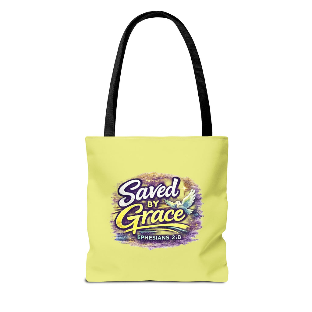 Holy Rollers Christian apparel thumbnail: Christian Tote Bag — "Saved By Grace" / "Holy Rollers" Inspirational All-Over Print