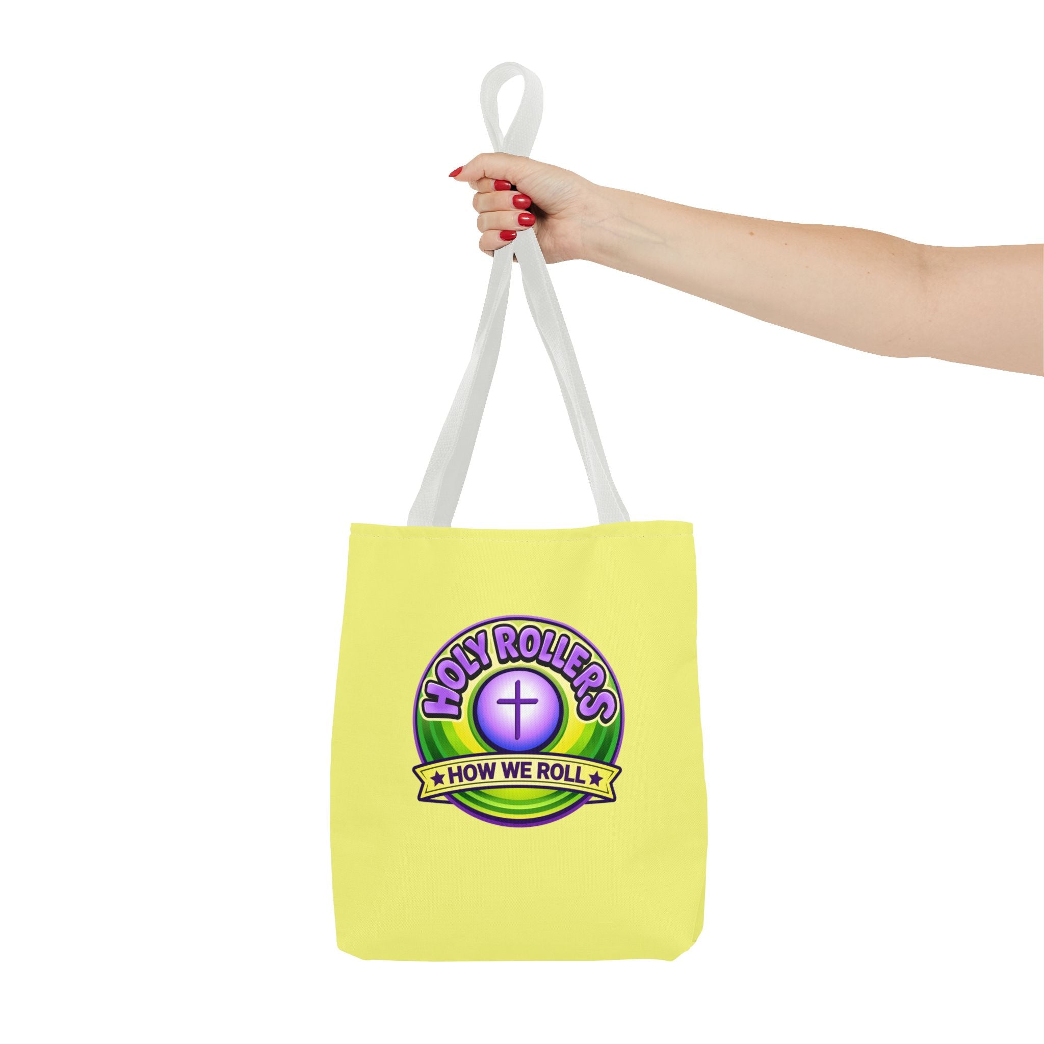 Holy Rollers Christian apparel: Christian Tote Bag — "Saved By Grace" / "Holy Rollers" Inspirational All-Over Print