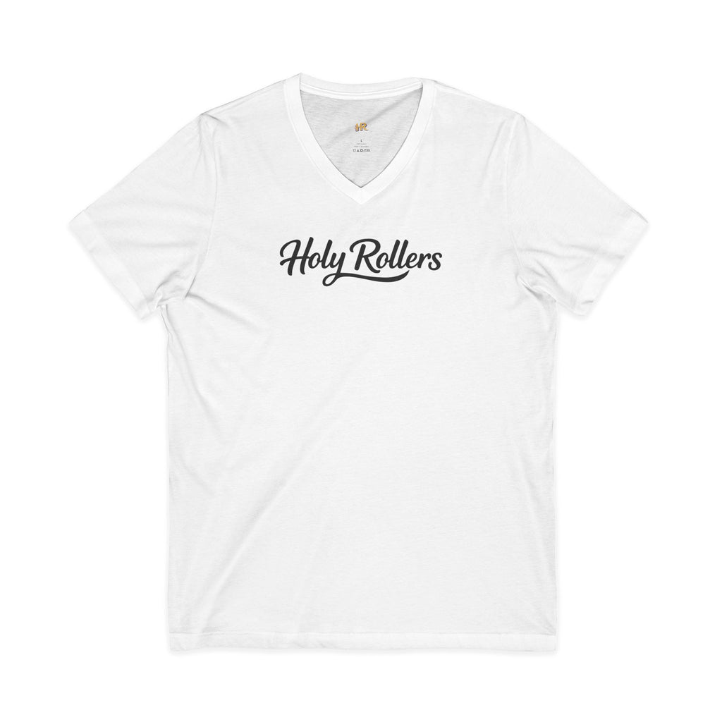 Holy Rollers Christian apparel thumbnail: Holy Rollers word-logo t-shirt | Holy Rollers How We Roll V-neck