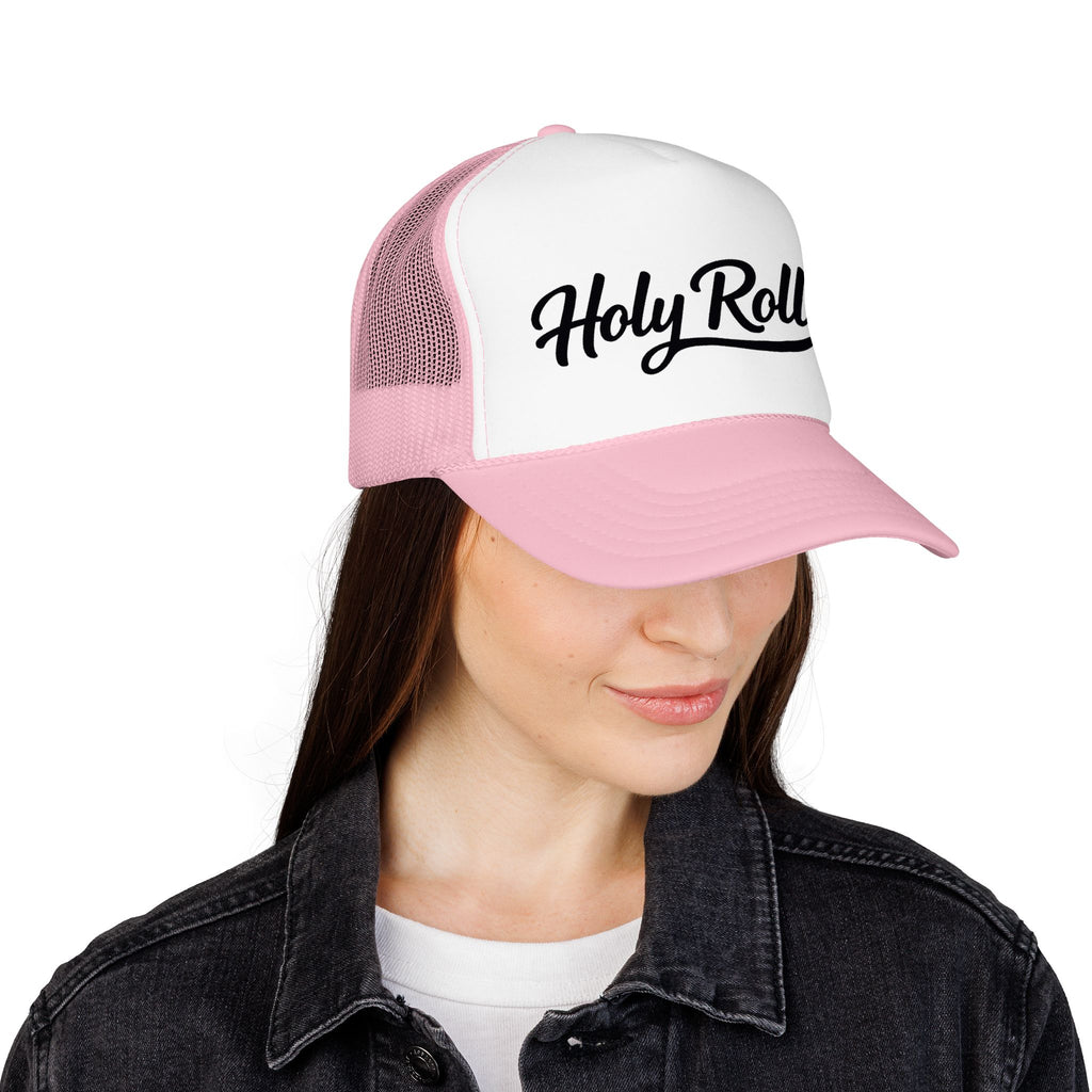 Holy Rollers Christian apparel thumbnail: Holy Rollers Foam Trucker Hat | Script Logo, Black & White Mesh