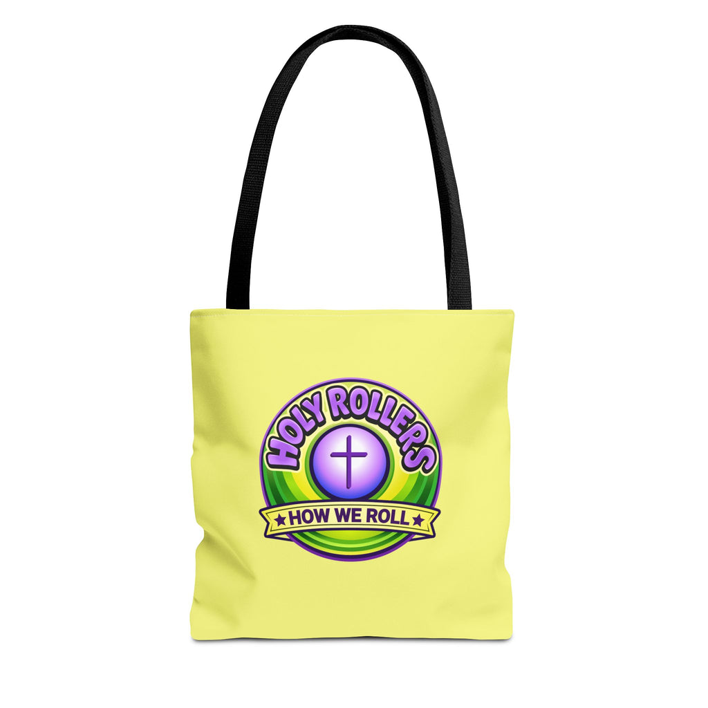 Holy Rollers Christian apparel thumbnail: Christian Tote Bag — "Saved By Grace" / "Holy Rollers" Inspirational All-Over Print