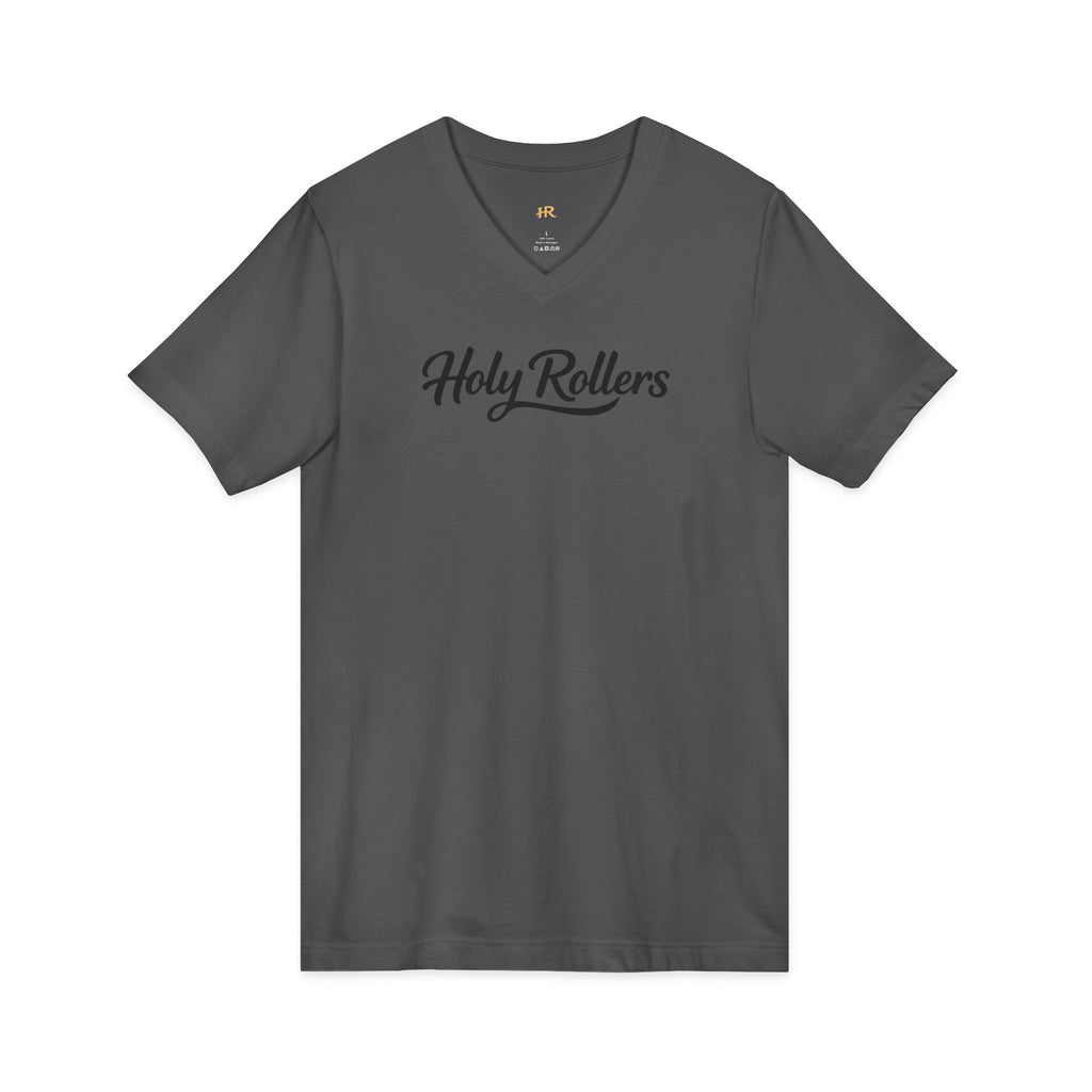 Holy Rollers Christian apparel thumbnail: Holy Rollers word-logo t-shirt | Holy Rollers How We Roll V-neck