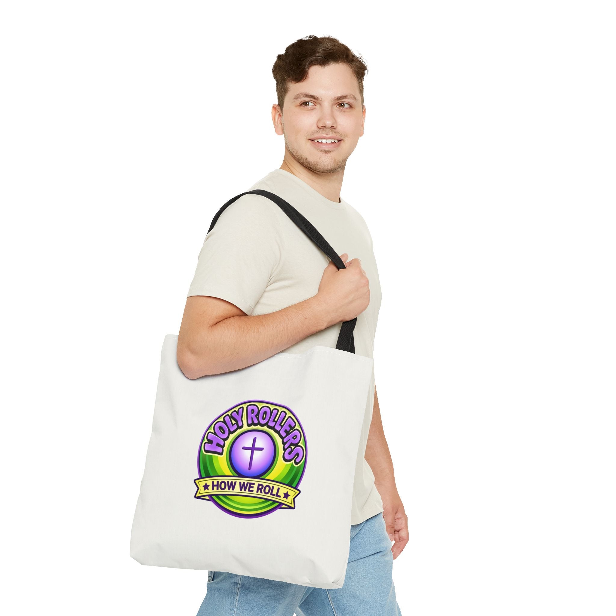 Holy Rollers Christian apparel: Christian Tote Bag — "Walk by Faith" / "Holy Rollers" Inspirational Canvas Tote