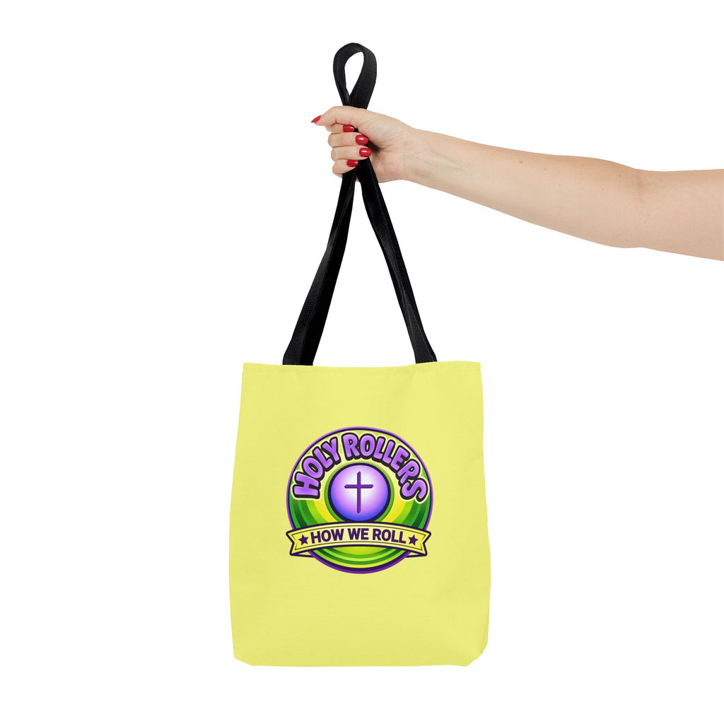 Holy Rollers Christian apparel thumbnail: Christian Tote Bag — "Saved By Grace" / "Holy Rollers" Inspirational All-Over Print