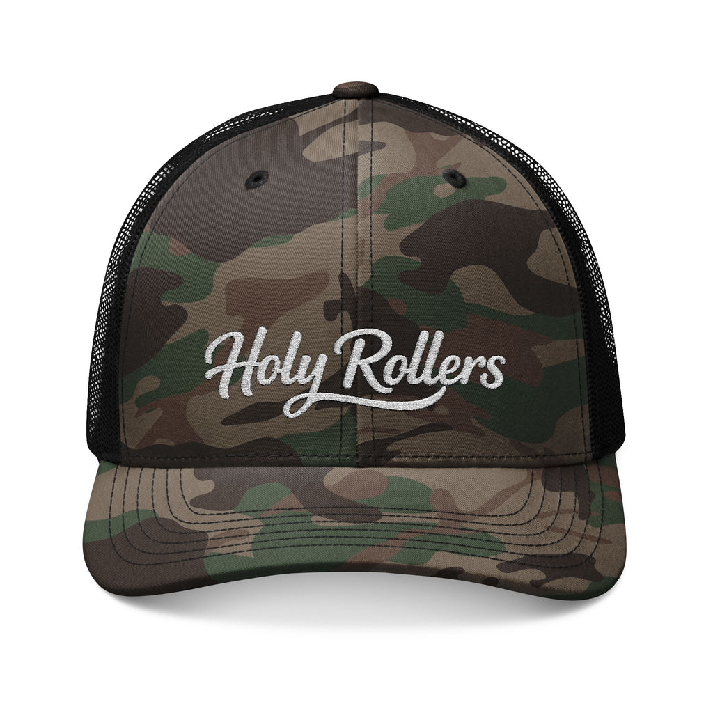 Holy Rollers Christian apparel thumbnail: Camouflage Trucker Hat — Embroidered "Holy Rollers" Mesh Cap