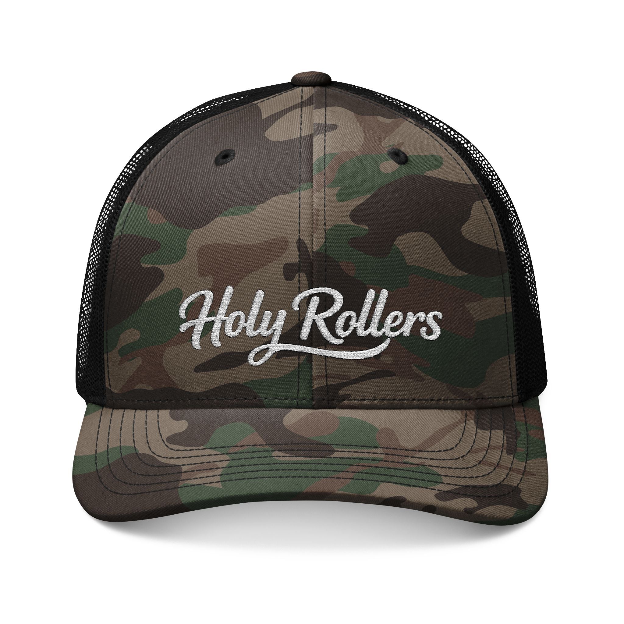 Holy Rollers Christian apparel: Camouflage Trucker Hat — Embroidered "Holy Rollers" Mesh Cap