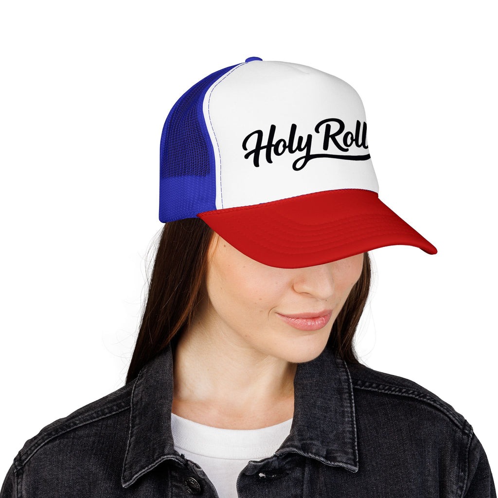 Holy Rollers Christian apparel thumbnail: Holy Rollers Foam Trucker Hat | Script Logo, Black & White Mesh
