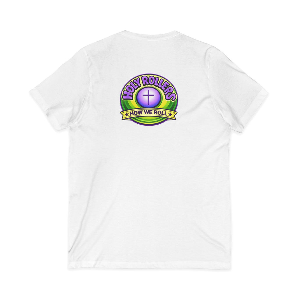 Holy Rollers Christian apparel thumbnail: Holy Rollers word-logo t-shirt | Holy Rollers How We Roll V-neck