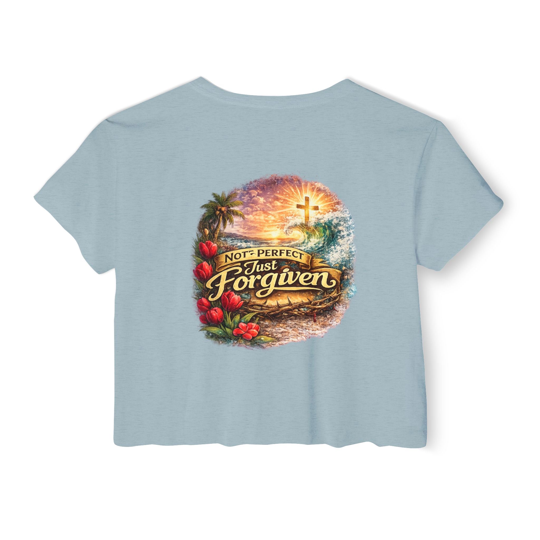 Holy Rollers Christian apparel: Women's Crop Top — "Holy Rollers" Front & "Not Perfect Just Forgiven" Back Christian Festival Tee