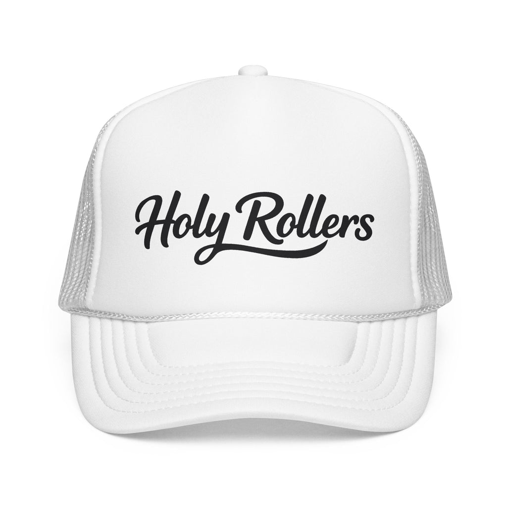 Holy Rollers Christian apparel thumbnail: Holy Rollers Foam Trucker Hat | Script Logo, Colored Visor & Mesh on White