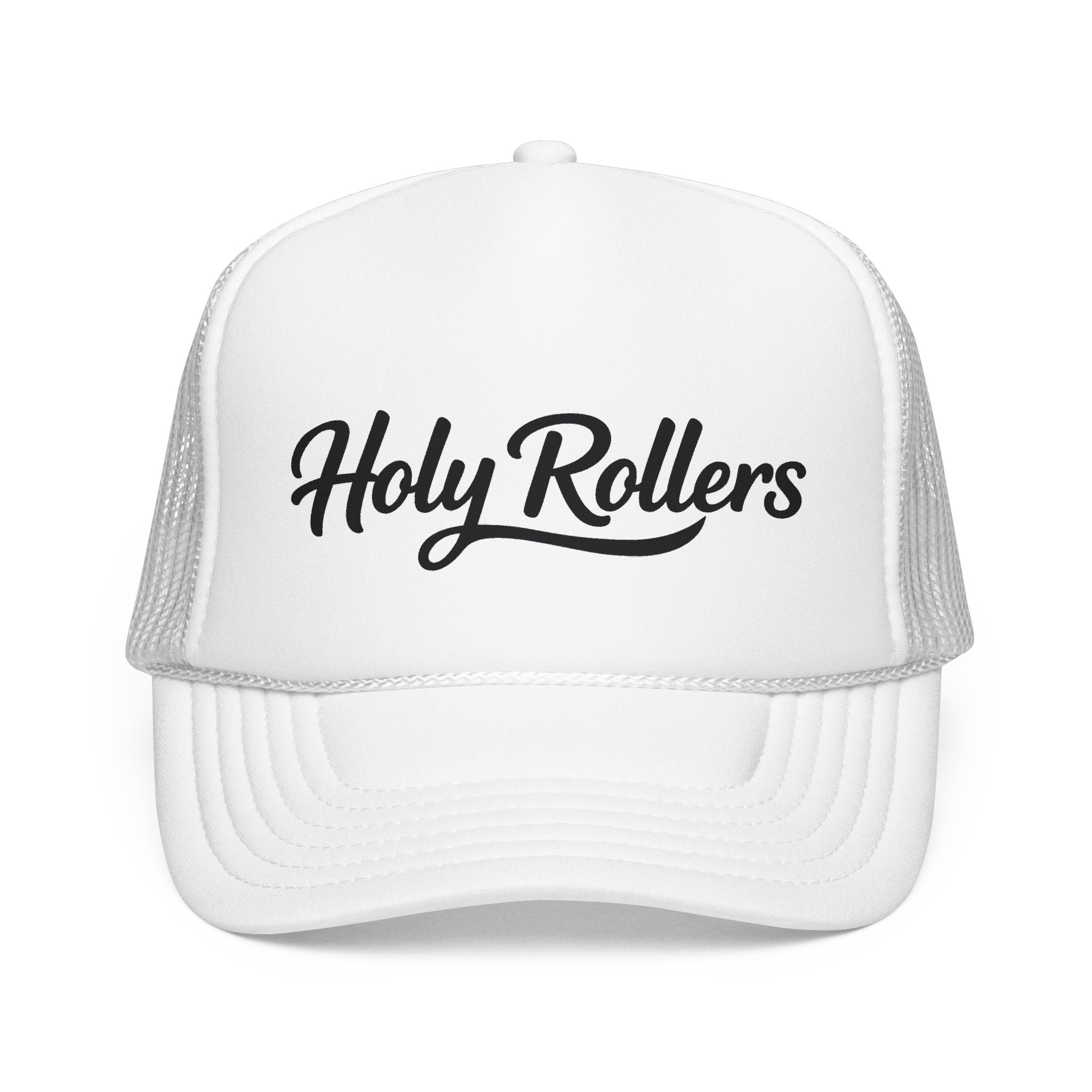 Holy Rollers Christian apparel: Holy Rollers Foam Trucker Hat | Script Logo, Colored Visor & Mesh on White