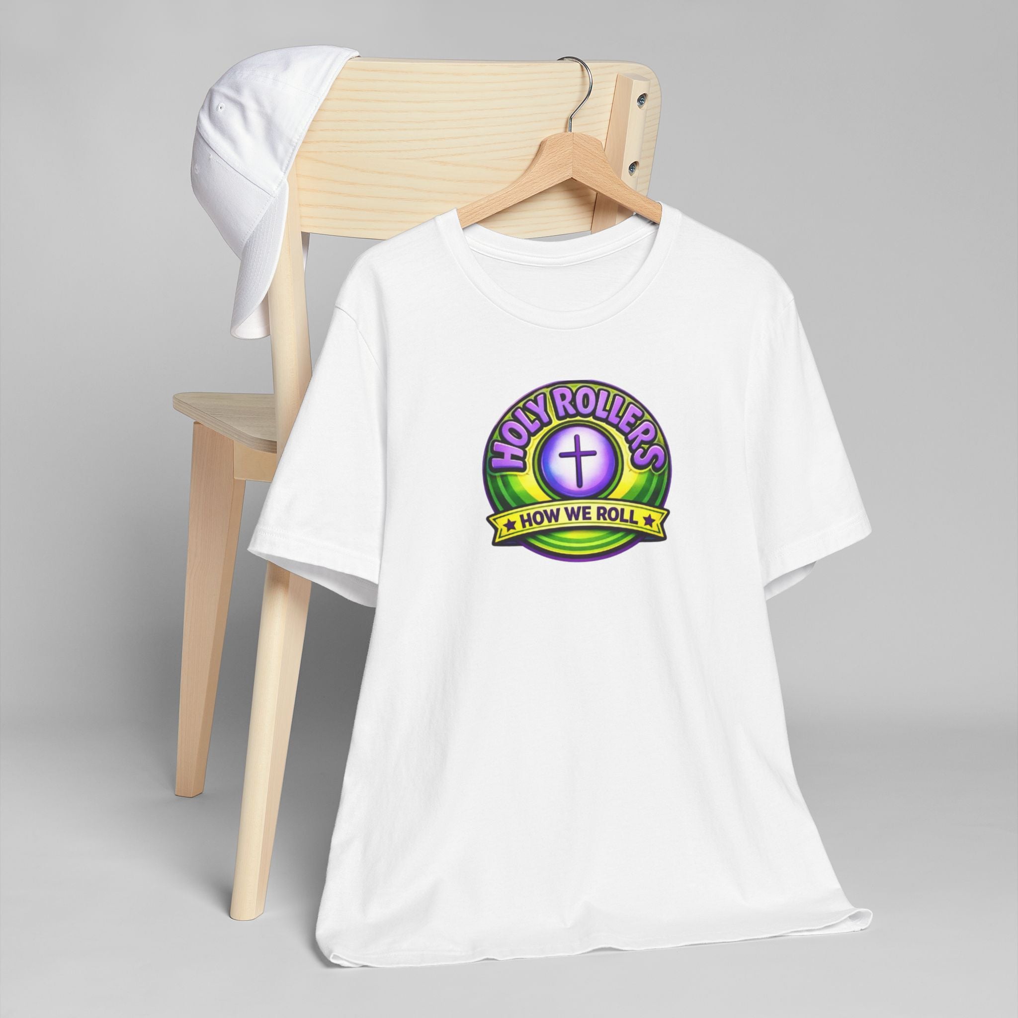 Holy Rollers Christian apparel: Saved by Grace Holy Rollers T-Shirt | Uplifted Confident Joyful Faith Tee