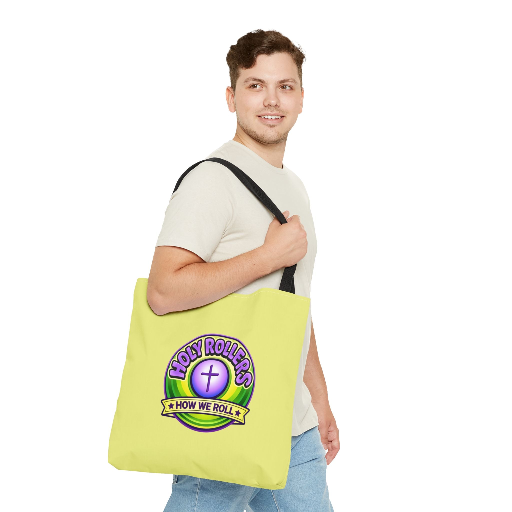 Holy Rollers Christian apparel: Christian Tote Bag — "Saved By Grace" / "Holy Rollers" Inspirational All-Over Print