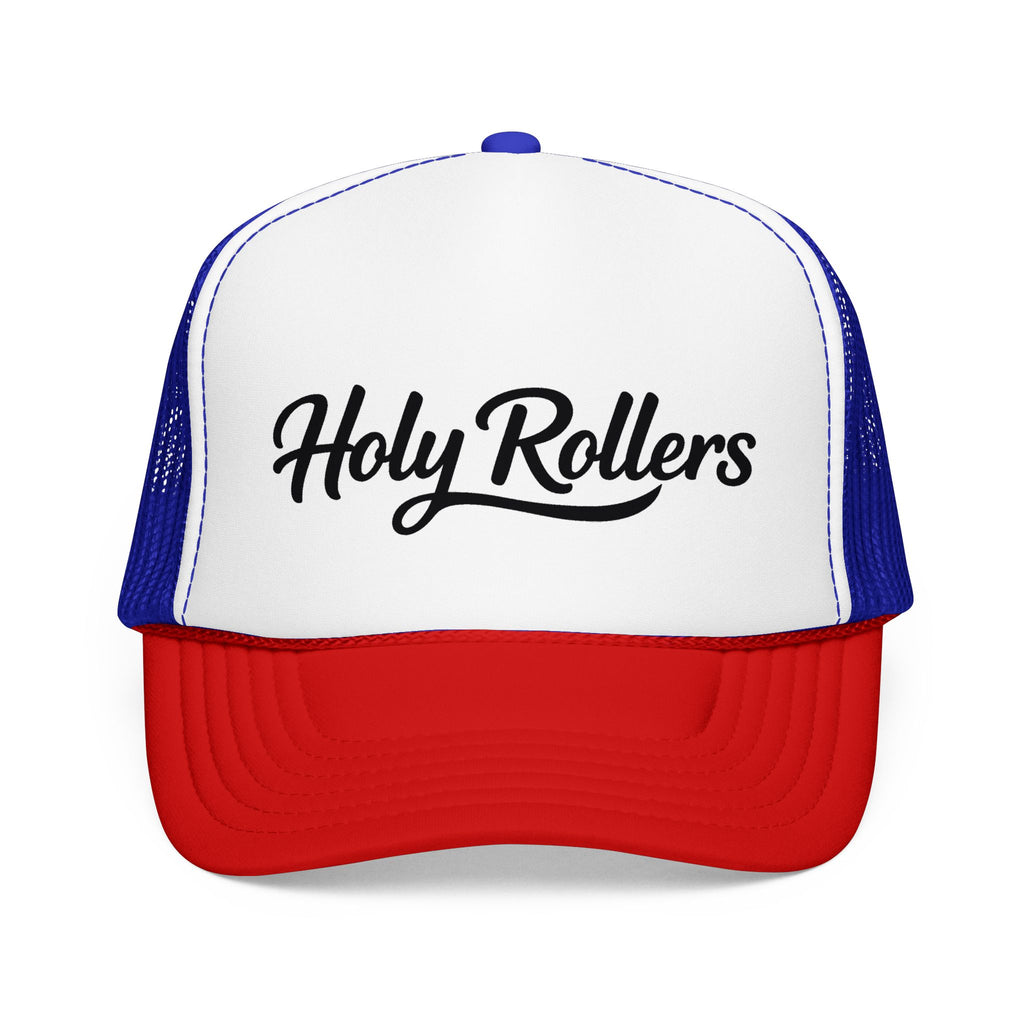 Holy Rollers Christian apparel thumbnail: Holy Rollers Foam Trucker Hat | Script Logo, Black & White Mesh