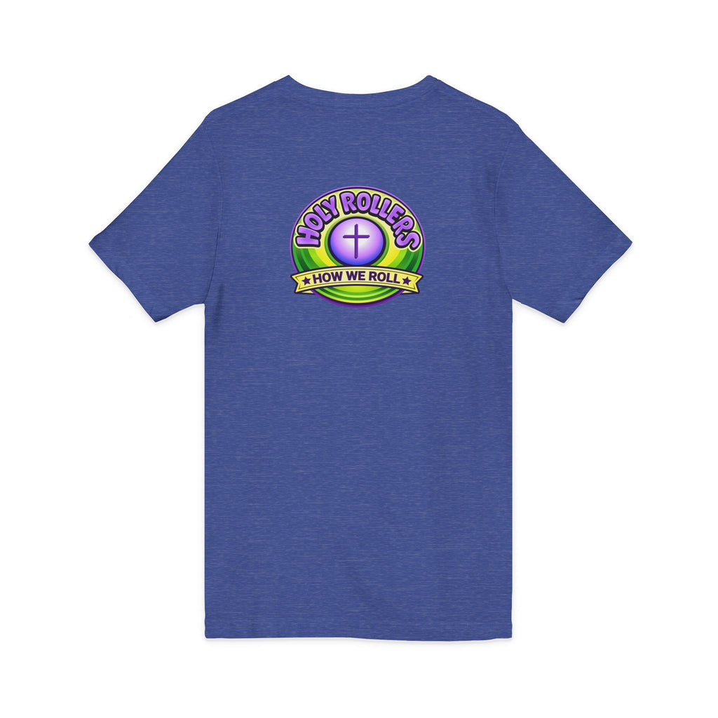 Holy Rollers Christian apparel thumbnail: Holy Rollers word-logo t-shirt | Holy Rollers How We Roll V-neck