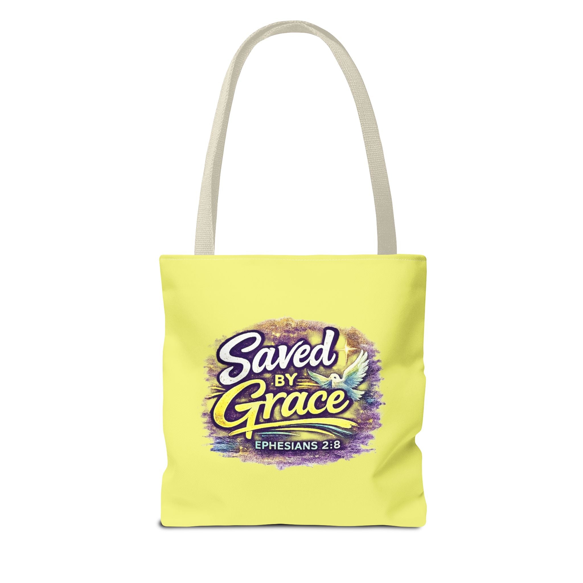 Holy Rollers Christian apparel: Christian Tote Bag — "Saved By Grace" / "Holy Rollers" Inspirational All-Over Print