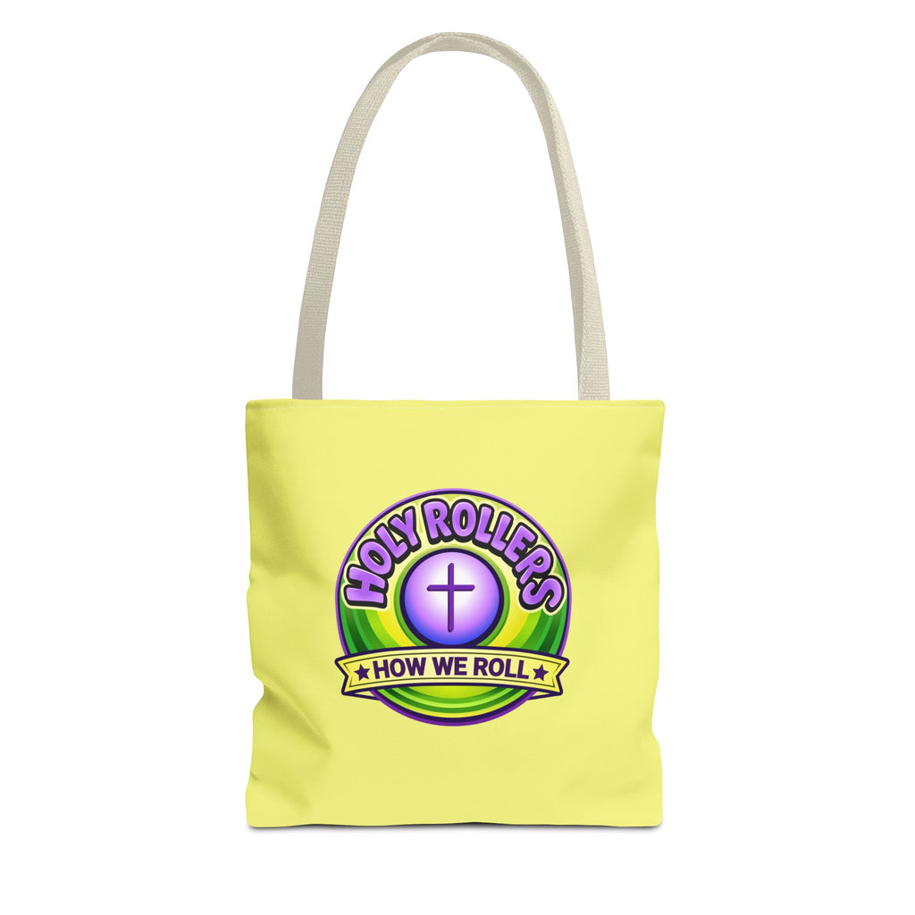 Holy Rollers Christian apparel thumbnail: Christian Tote Bag — "Saved By Grace" / "Holy Rollers" Inspirational All-Over Print